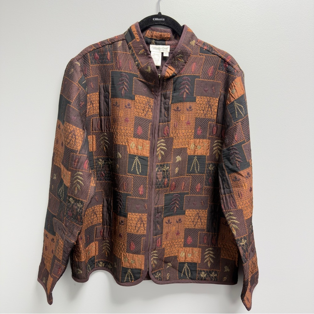 Vintage Coldwater Creek Jacket Womens Size L Brown Patchwork Bohemian Leaves